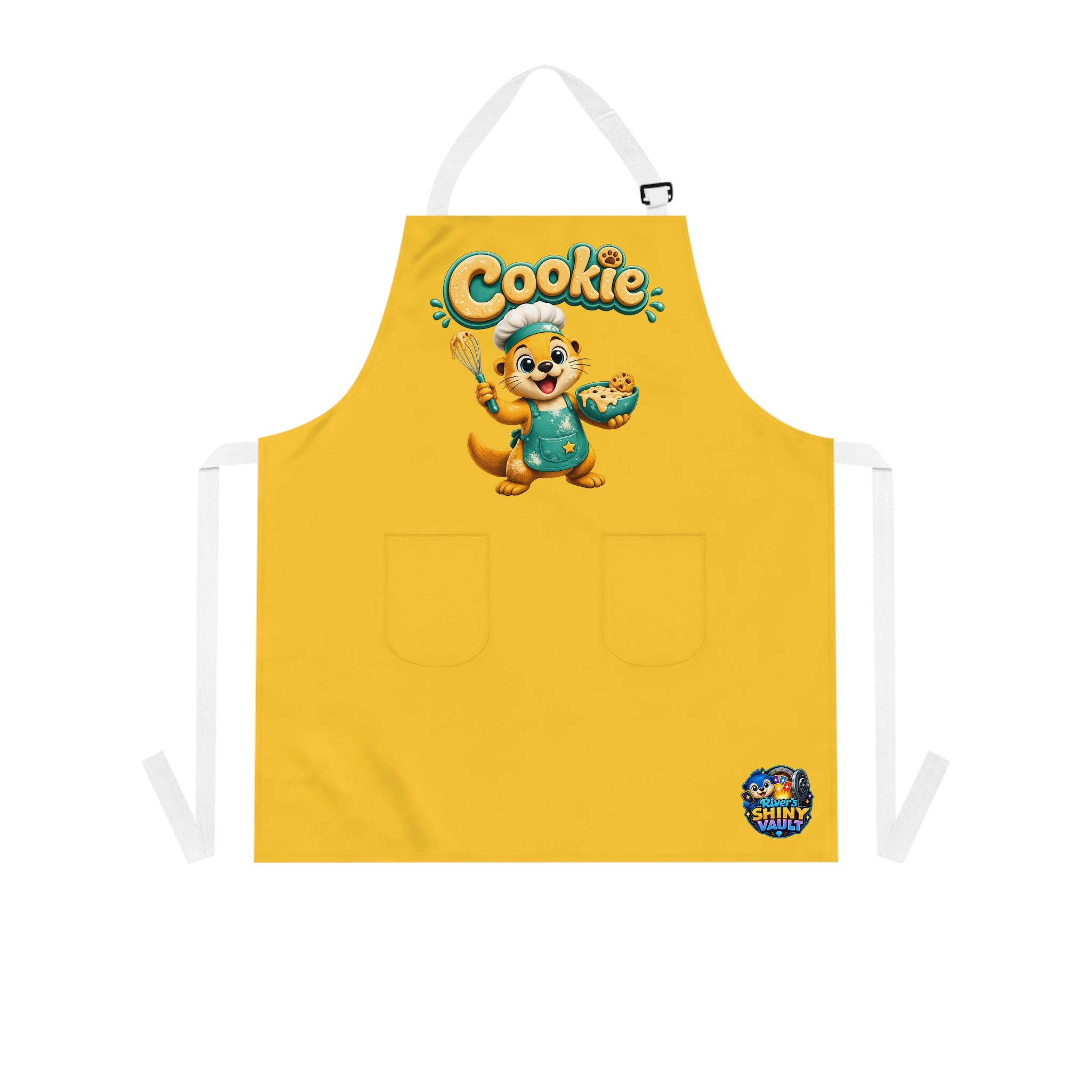 Cute River's Shiny Vault 'Cookie' Chef Apron — Yellow Baking Apron with Cartoon Cookie Mascot