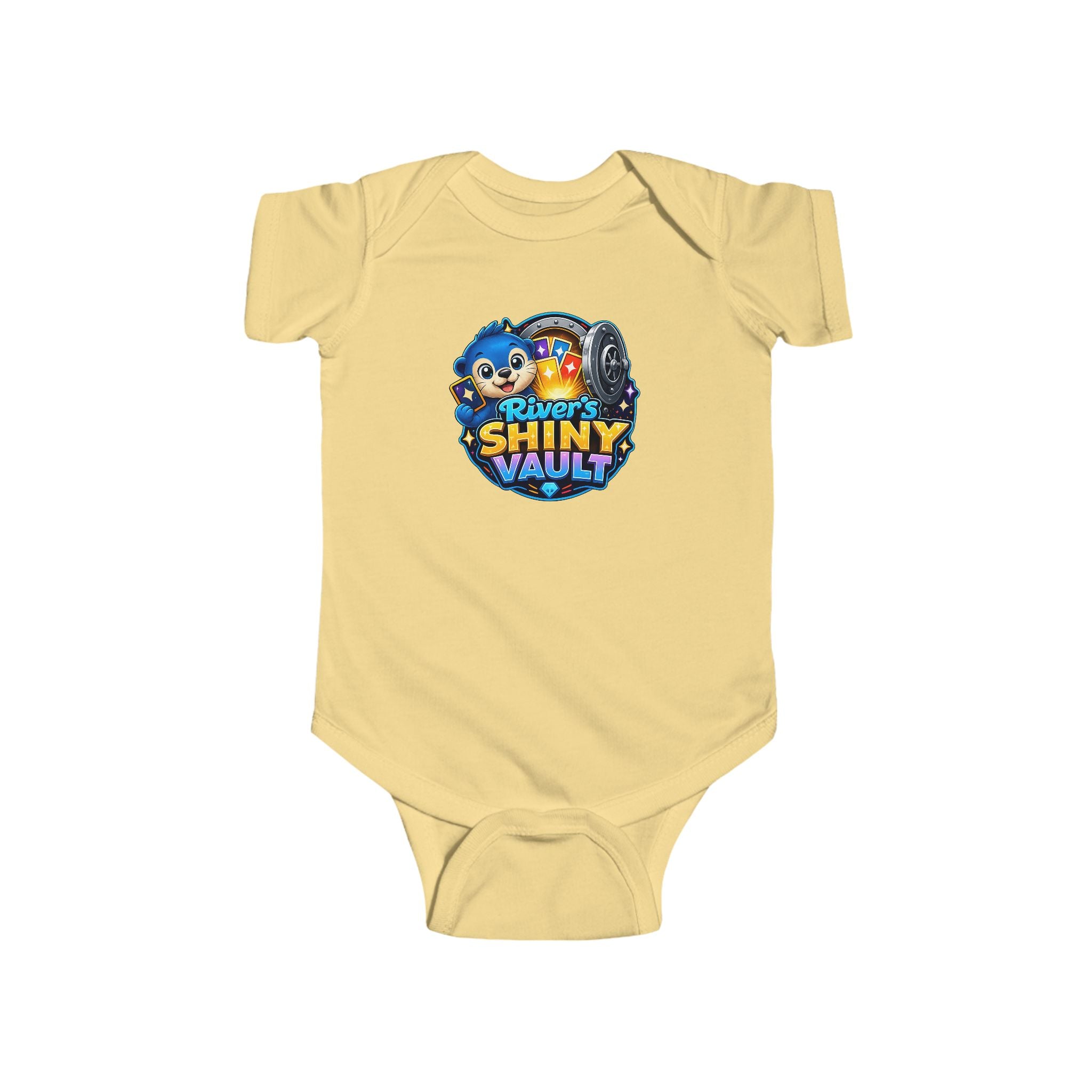 Young Infant Bodysuit — "River's Shiny Vault" Cute Cartoon Treasure Graphic