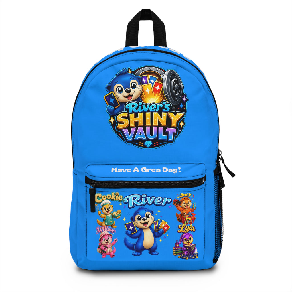 Backpack River’s Shiny Vault Blue — Cute Character School Bag (Includes 'Have A Great Day! Design)