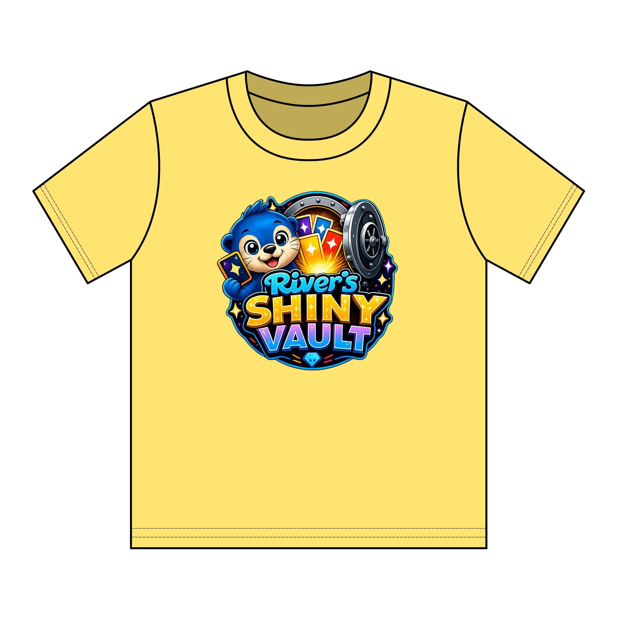 Cute Kids "River's Shiny Vault" Graphic Tee – Cute Treasure Chest Mascot Shirt