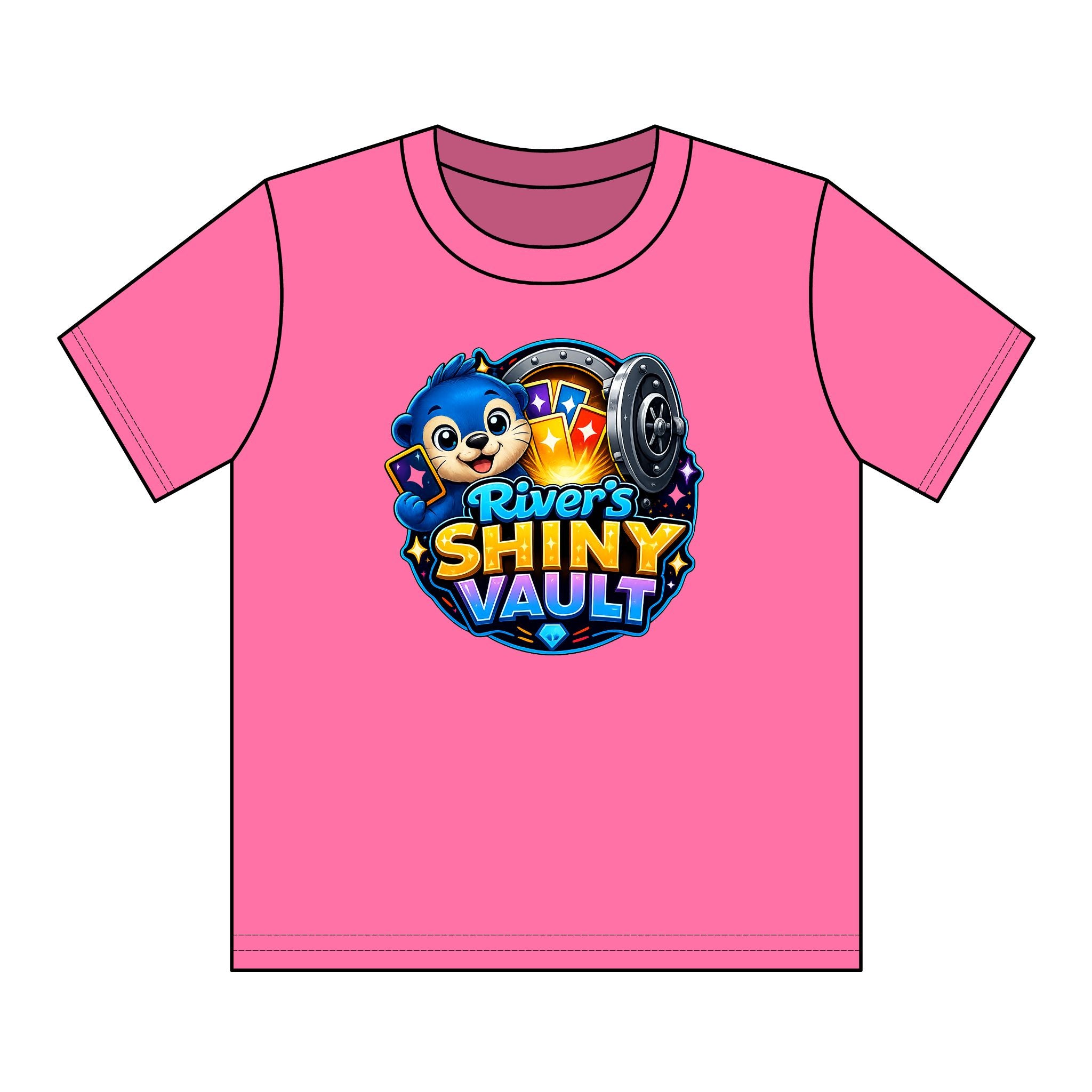 Cute Kids "River's Shiny Vault" Graphic Tee – Cute Treasure Chest Mascot Shirt