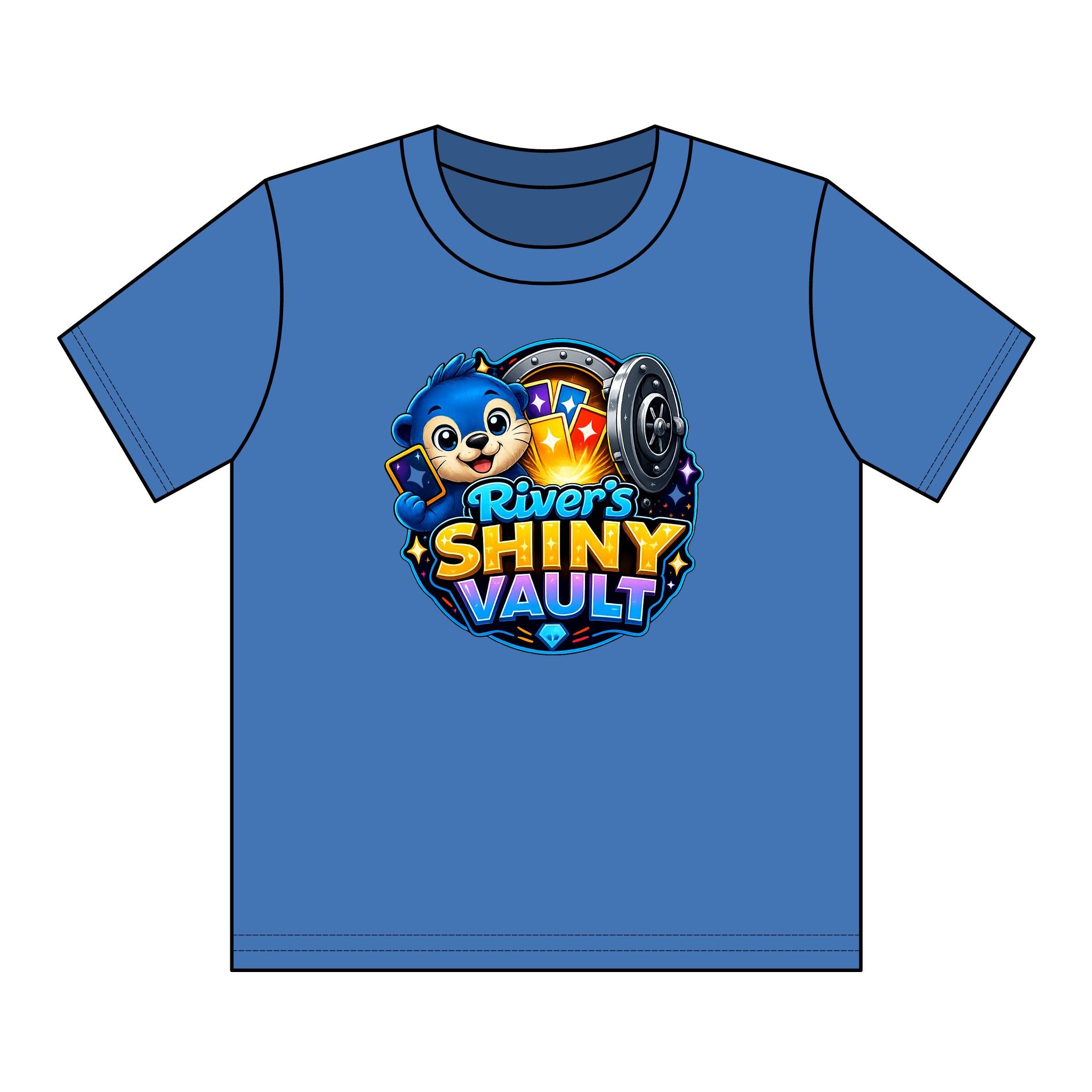 Cute Kids "River's Shiny Vault" Graphic Tee – Cute Treasure Chest Mascot Shirt
