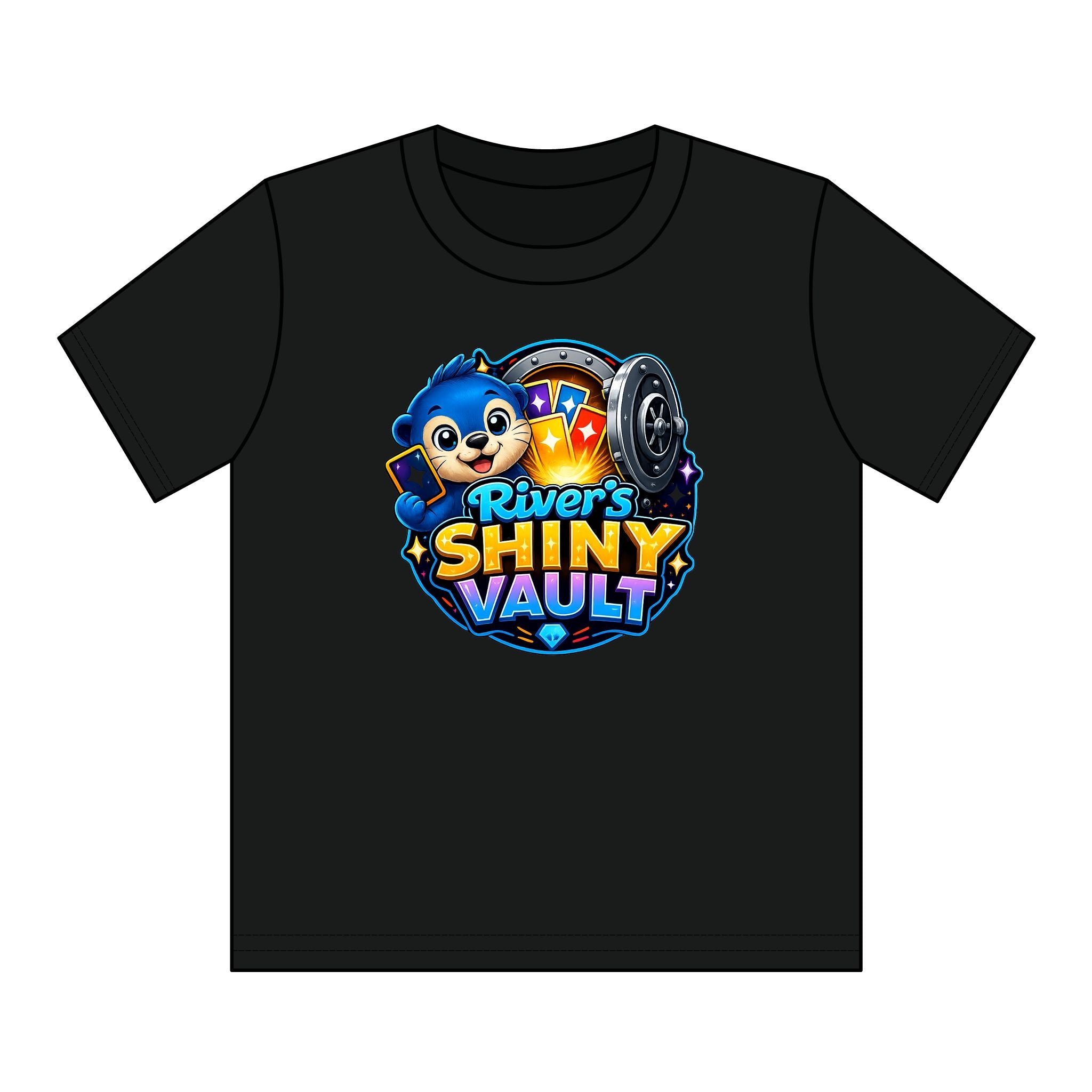Cute Kids "River's Shiny Vault" Graphic Tee – Cute Treasure Chest Mascot Shirt