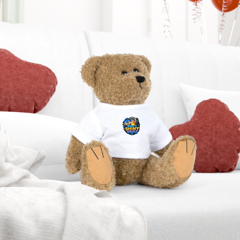 Fun River's Shiny Vault - Bear Plush with 'Toy' Cartoon T‑Shirt — Cute Gift for Kids & Collectors