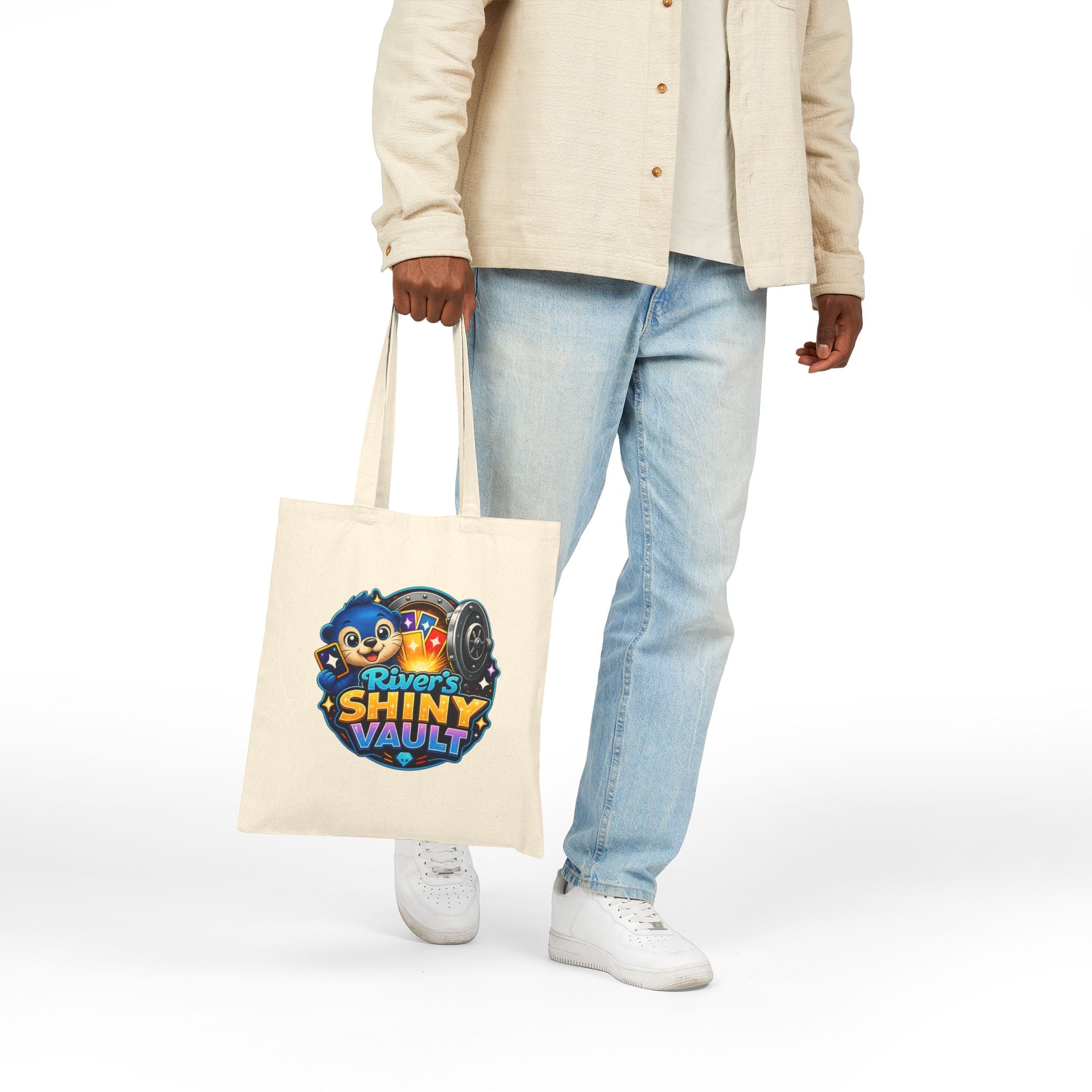 Fun River’s Shiny Vault Canvas Tote Bag — Cute Mascot Grocery/Book Bag